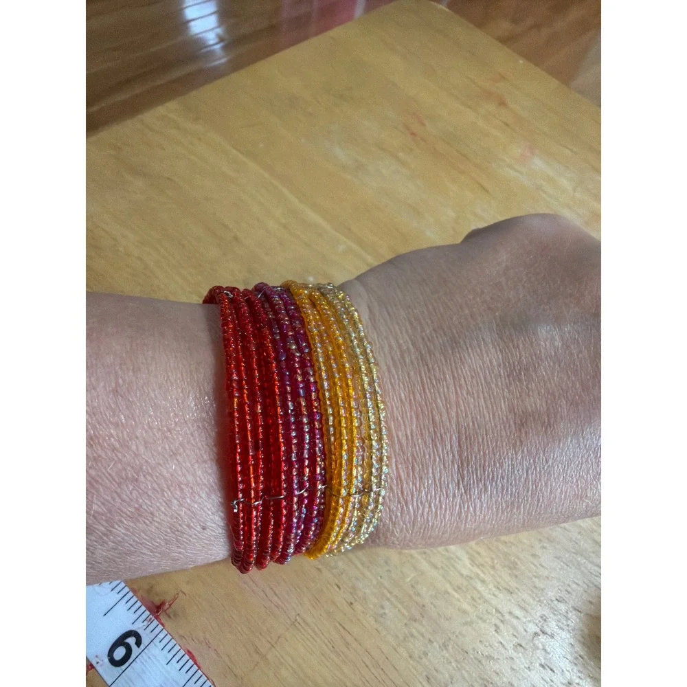 Red Orange Gold Seed Bead Multi Strand Memory Wire Wrap Cuff Bracelet